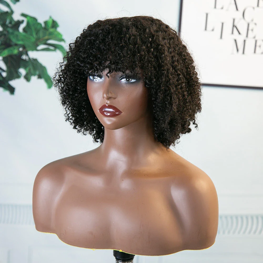 12 Inch 150% Density Natural Color Kinky Curly Full Machine Made Bang Wig for Sale Y250817 - Image 3