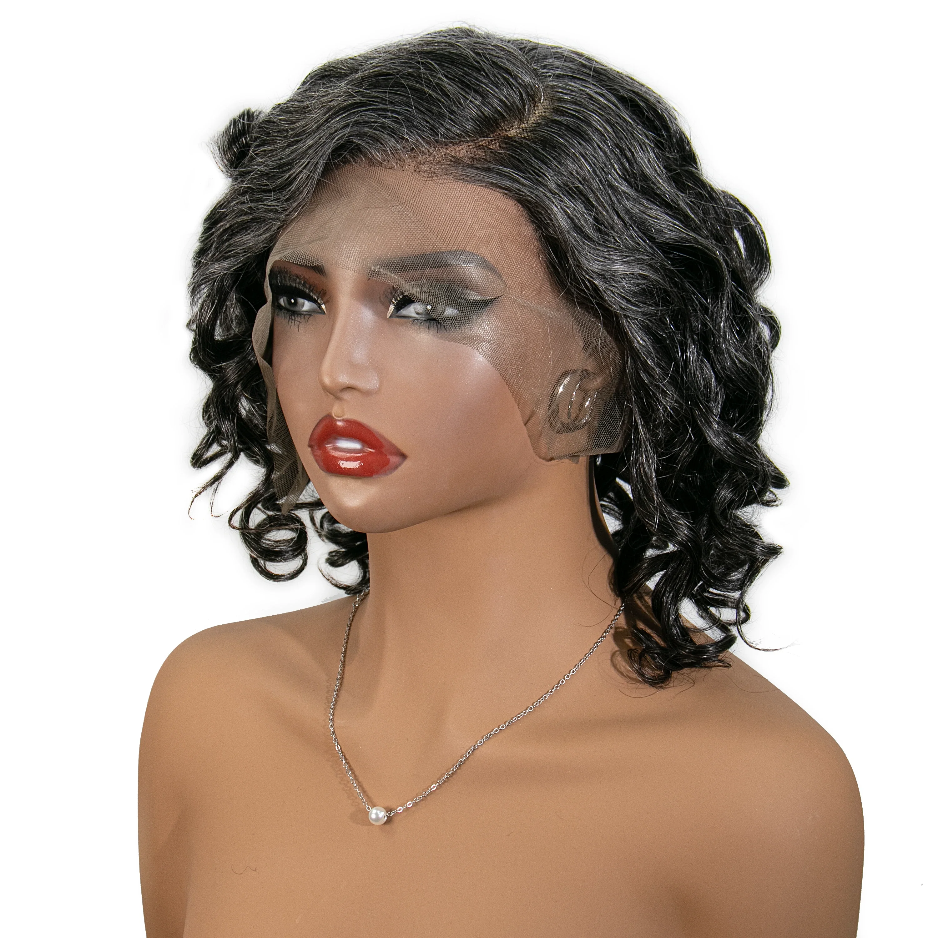 12 inches Salt Pepper Loose Deep Wave Human Hair 13x6 Left Part Lace Front Bob Wig for Sale SOAL - Image 3
