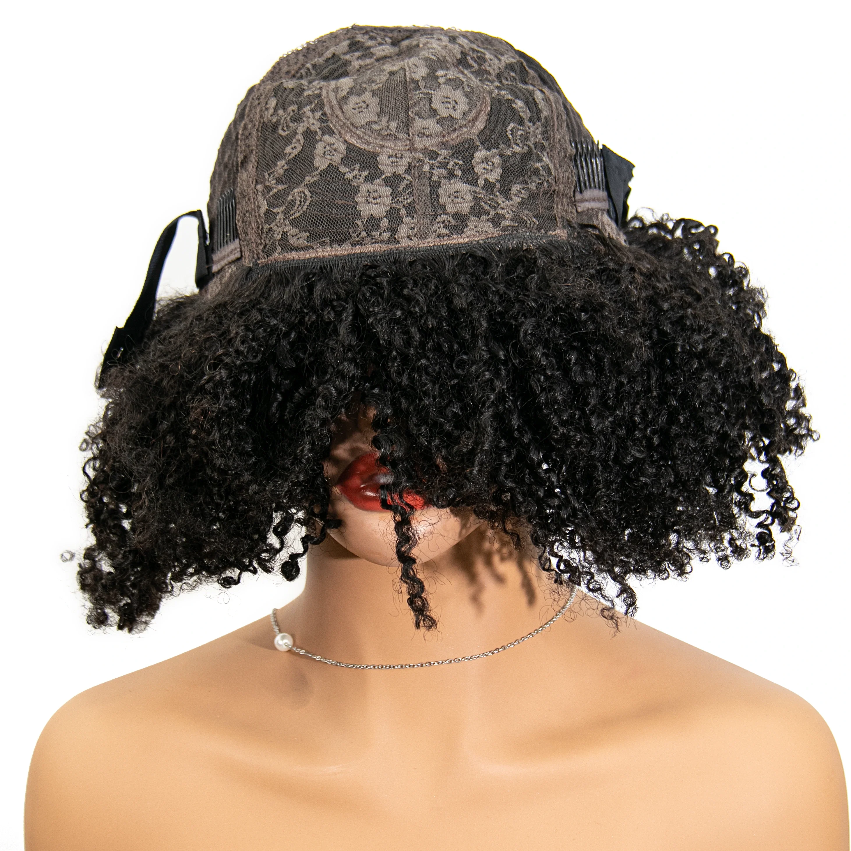 16 Inch 180% Density Afro Kinky Curly Free Part Lace Closure Bob Wig with Bangs for Sale WOJI - Image 6