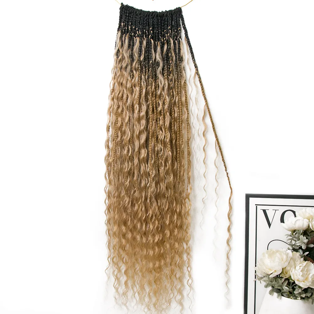 Ombre Honey Blonde Crochet Boho Box Braids with Human Hair Curls - Image 2