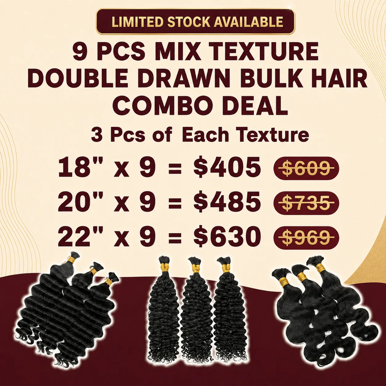 Ywigs 9pcs Natural Color Mix Texture Double Drawn Bulk Hair Combo Deal $405-$630